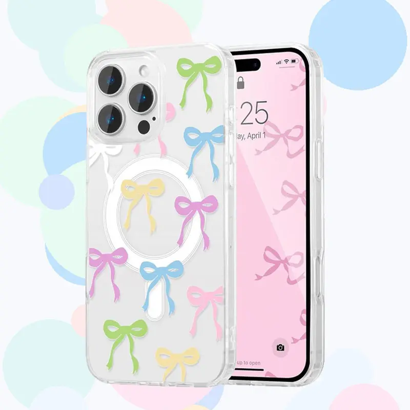 Women's MagSafe-Compatible TPU Magnetic Bow Smartphone Cover for iPhone 11/12/13/14 Plus/15/16 E/17 Pro Max - Slim Ribbon Aesthetic, Anti-Yellowing, Shockproof, Transparent Acrylic Protection, Wireless Charging-Supportive, Waterproof Tech Accessories