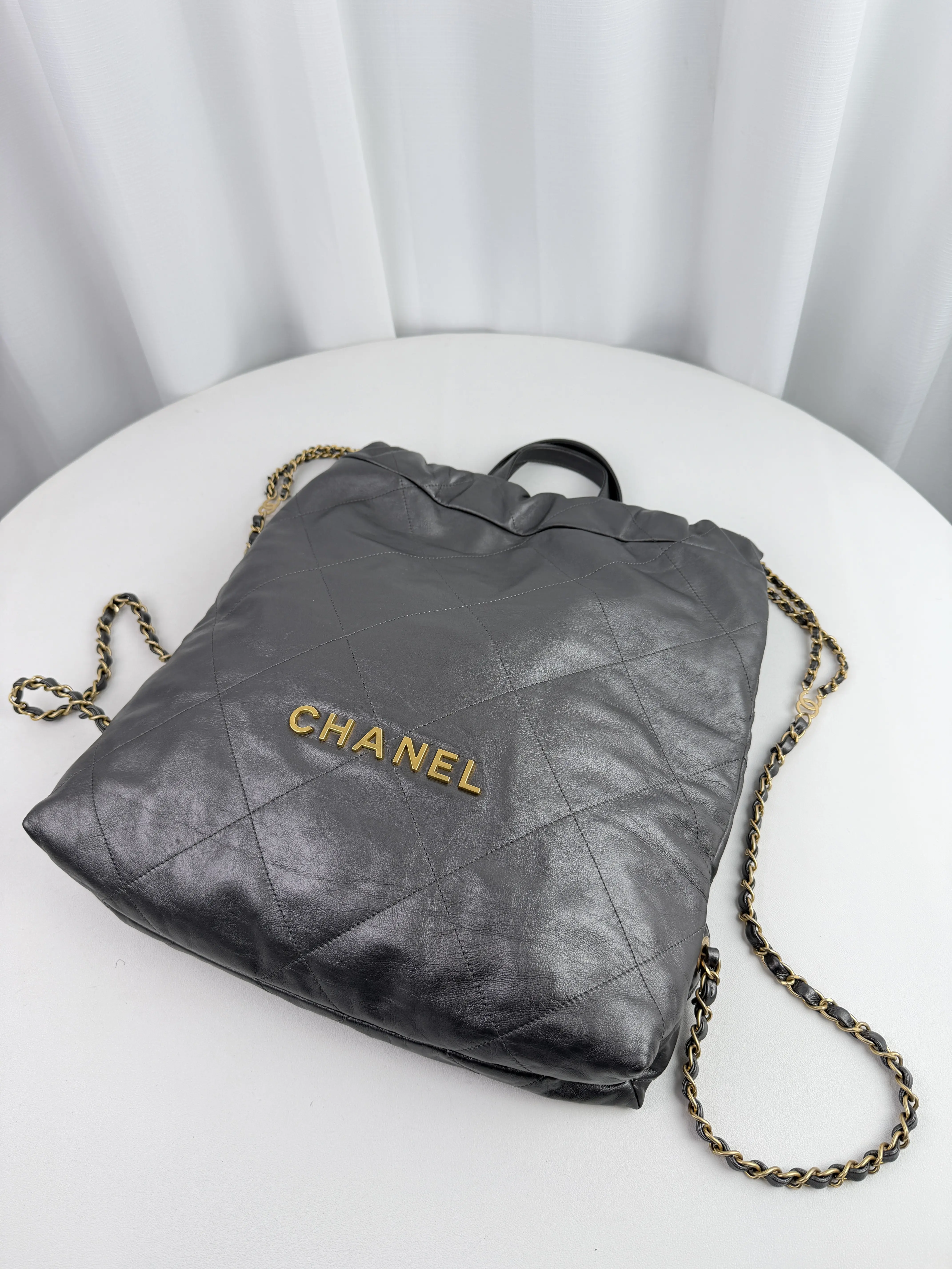 Pre-owned CHANEL Calfskin Backpacks 22 Small Backpack in Shiny Quilted Calfskin, Gold Hardware