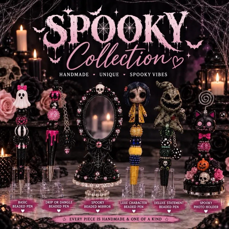 Spooky Beaded Pens & Photo Holders | Handmade Halloween Collection | Drip, Dangle, Luxe & Display Stands