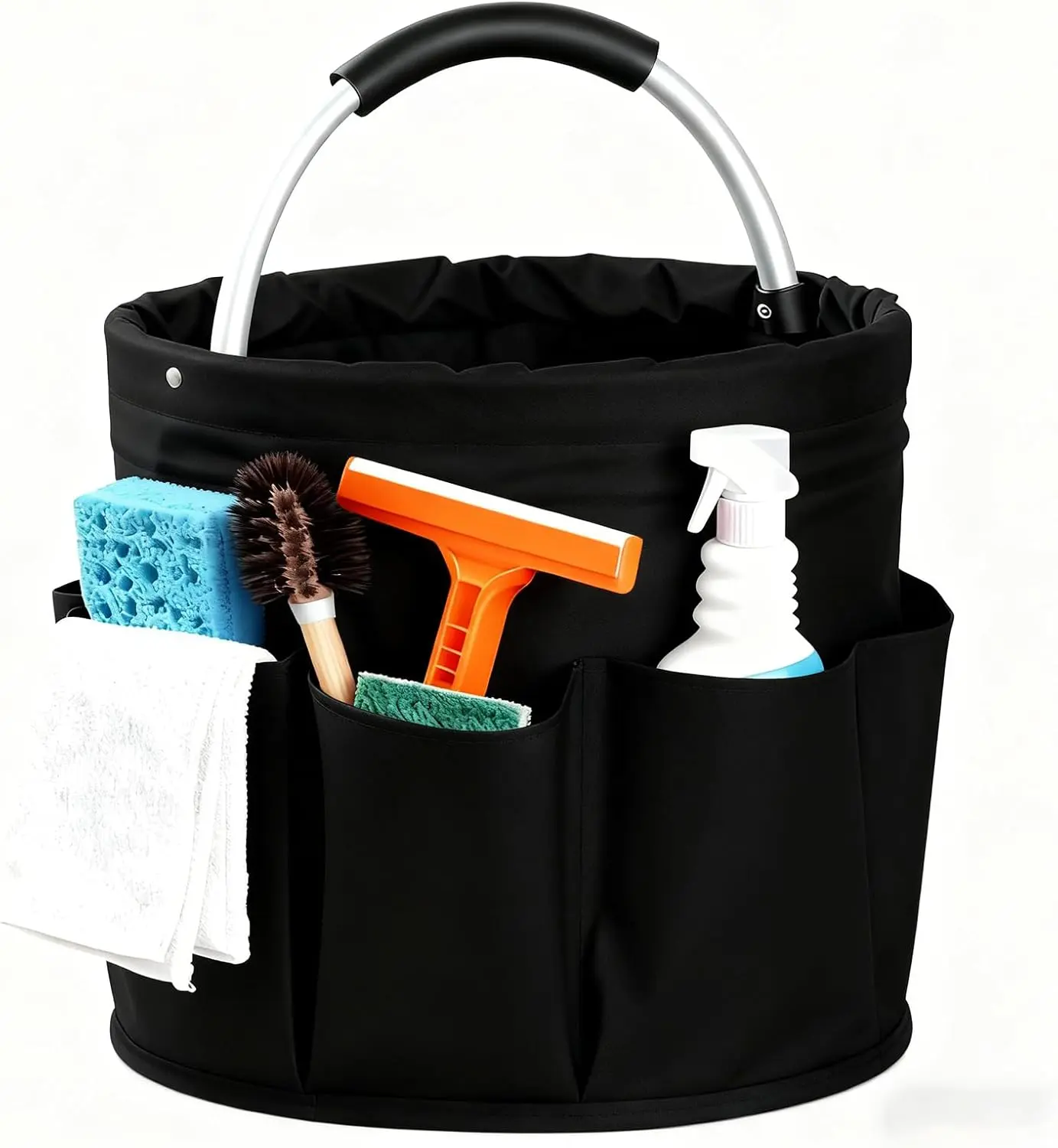Cleaning Caddy with Handle, Cleaning Products Organiser, Foldable Storage Basket, Large Supply Organiser 17L with 6 Pockets, Portable Cleaning Caddy for Home & Garden (Black)
