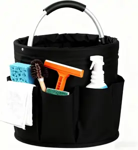 Cleaning Caddy with Handle, Cleaning Products Organiser, Foldable Storage Basket, Large Supply Organiser 17L with 6 Pockets, Portable Cleaning Caddy for Home & Garden (Black)