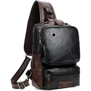 Small Black Sling Crossbody Backpack Shoulder Bag for Men Women Vintage PU Leather Sling Backpack Cycling