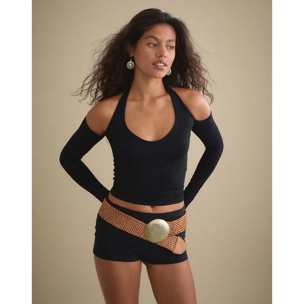 Melton Long Sleeve Halter Top in Rayon Jersey Black Melton Long Sleeve Halter Top in Rayon Jersey Black