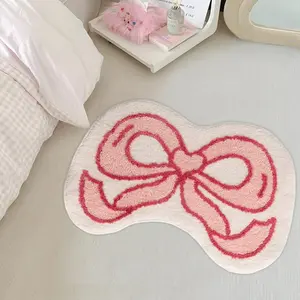 1pc Ins Style Korean Bedside Bay Window Carpet Pink Blue Bow Bedroom Decoration Dresser Carpet Irregular Shape Bathroom Entrance Door Non-slip Rug Fluffy and Soft Dressing Room Plush Carpet Cartoon Sofa Coffee Table Washable Floor Mat Fluffy Modern Rug