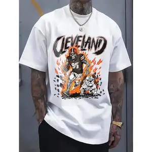 Men's Cleveland Football Graphic T-Shirt - 100% Cotton Regular Fit Short Sleeve Tee with Bold Flame Print, All-Season Casual Wear & Classic Holiday Gift for Sports Fans