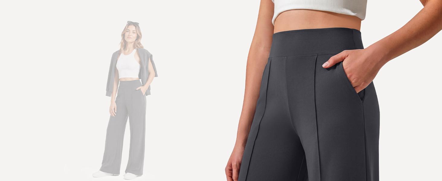 G4Free EverGoing Wide Leg Pants for Women High Waist Front Seam Yoga Dress Pants with Pockets Black Wideleg