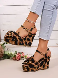 Vintage Leopard Print Bow Heeled Sandals, Summer Outdoor One-Piece Strap Thick Sole High Heels, Fashionable Elegant Women's Shoes