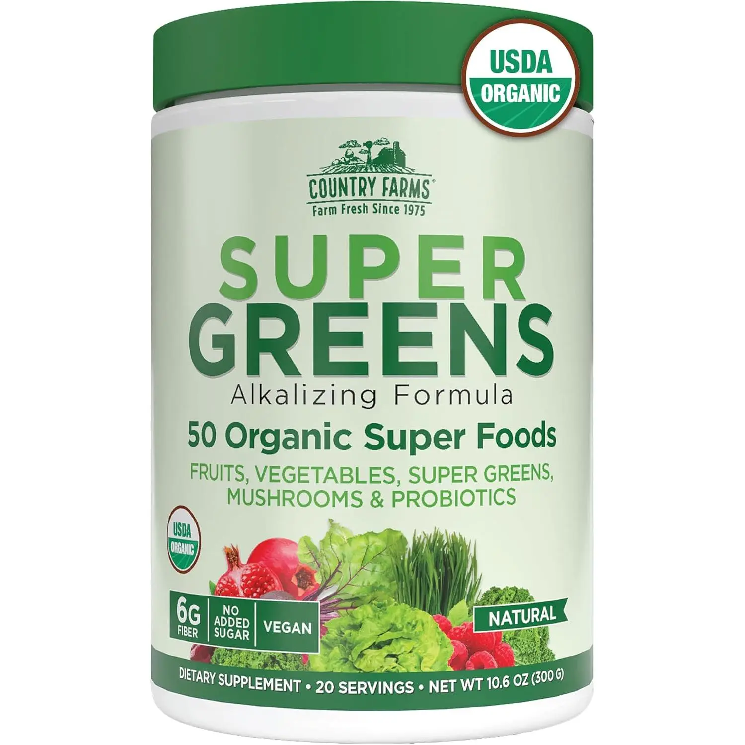 Country Farms Organic Super Greens Powder, 50 Organic Superfoods, Daily Greens Drink Mix with Fruits, Vegetables, Fiber, Probiotics & Mushrooms, Supports Energy, Gut Health & Digestion, Natural Flavor