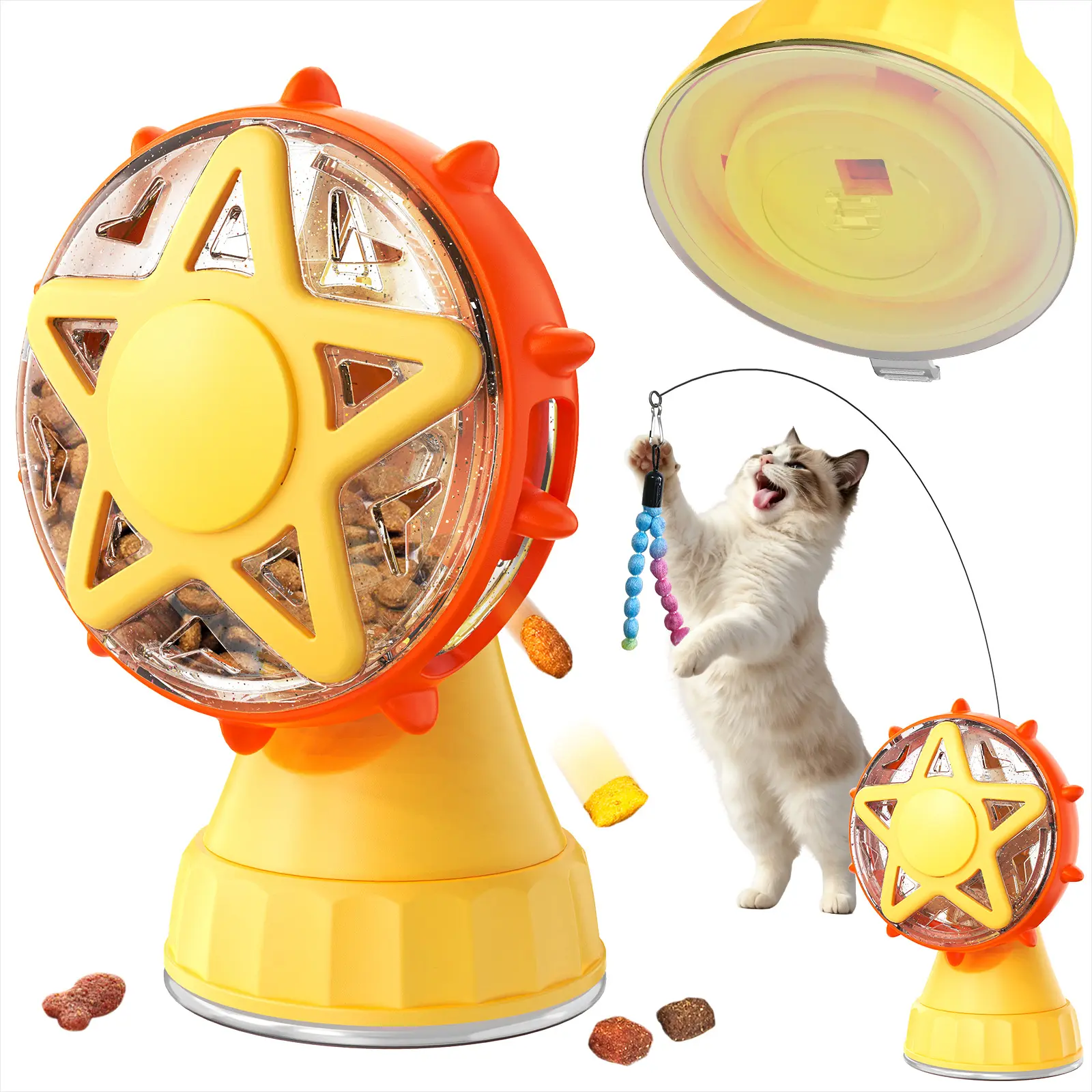 SmartWell 2-In-1 Interactive Cat Treat Dispenser Puzzle Feeder - Adjustable Treat Opening, Removable Teaser Wand, Suction Cup Base for Indoor Cats