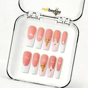 10PCS 1.3 Inch Long Coffin Press On Nails, Acrylic French Tip Fake Nails with 3D Flower & Cross Charm, Reusable Glue On Nails for Women Girls
