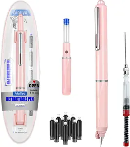 Retractable Clicktech Fountain Pen Clictek Fountain Pen Set,Retractable Fountain Pen, Extra Fine Nib Black Ink Pen includes 10 ink cartridges and ink syringes Slim pen body Smooth Writing Sketch Diary Calligraphy Gift(Pink)