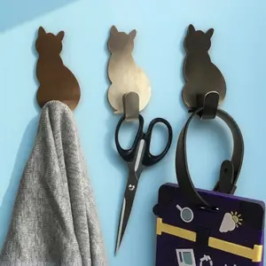 Cute Cat Shaped Sticky Wall Hooks, Stainless Steel Rust-Resistant Key Towel Hook, Ideal for Home Kitchen Bathroom Storage Organization