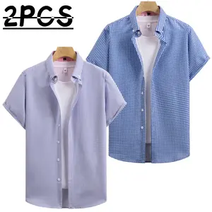 Two men’s short-sleeve plaid shirts in a business-casual style featuring a classic notched collar design that is sharp and well-structured. A pink-and-white plaid contrast collar adds refined details, while white front buttons enhance the texture. The sho