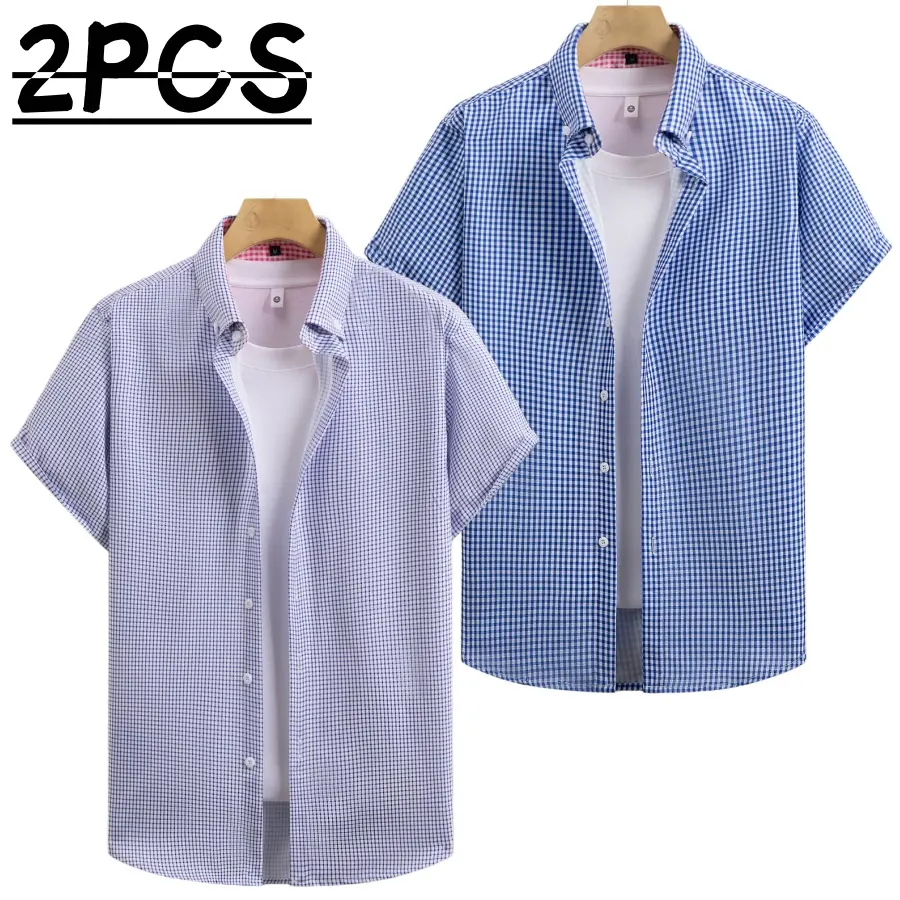 Two men’s short-sleeve plaid shirts in a business-casual style featuring a classic notched collar design that is sharp and well-structured. A pink-and-white plaid contrast collar adds refined details, while white front buttons enhance the texture. The sho