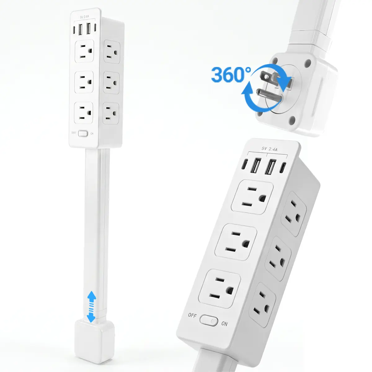Retractable Rotating Power Strip with USB-C & USB-A, 1500W ETL Certified Outlet Extender with Phone Holder, Adjustable 360° Extension Arm for Desk, Bedside, Sofa