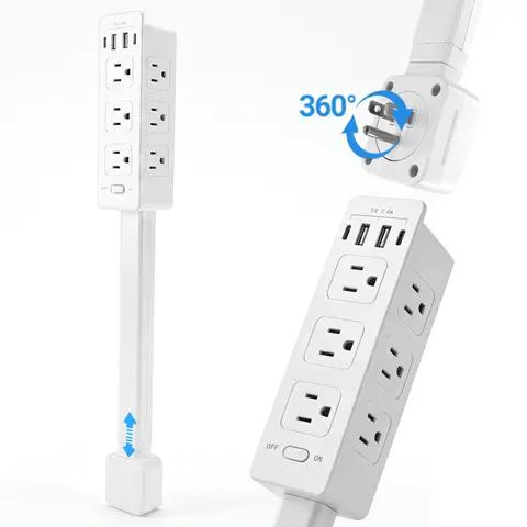 Retractable Rotating Power Strip USB-C USB-A 1500W ETL Certified Outlet Extender for Desk Bedside Home Office, Adjustable 360° Extension Arm 20-29in, Vertical Phone Holder with 6 AC Outlets, Safe Fire-Resistant & Adhesive Mount