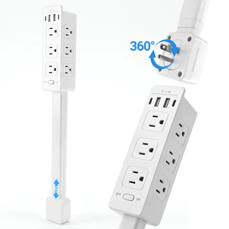 Retractable Rotating Power Strip USB-C USB-A 1500W ETL Certified Outlet Extender for Desk Bedside Home Office, Adjustable 360° Extension Arm 20-29in, Vertical Phone Holder with 6 AC Outlets, Safe Fire-Resistant & Adhesive Mount