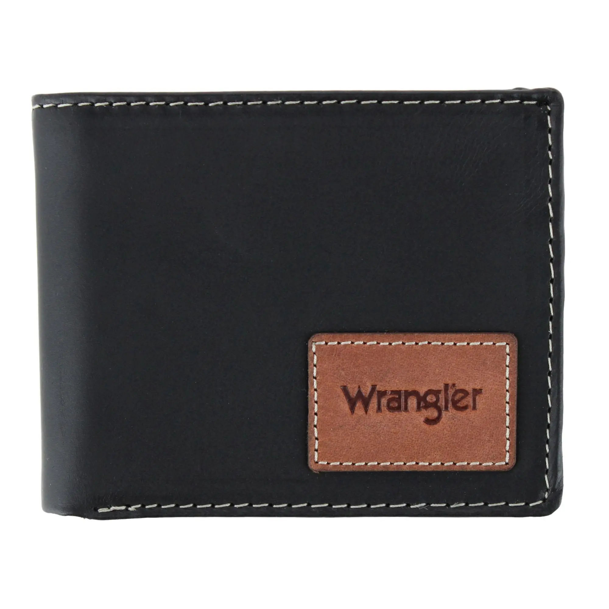 Wrangler Men's Leather RFID Blocking Bifold Wallet, Rugged High-Capacity Design with Tracker Pocket and Logo Patch, Leather Rfid Wallets, Mens Wallet