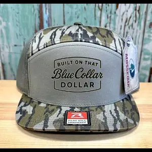 MossyOak Blue Collar Dollar Richardson 168 7 Panel Flat Bill Snapback Hat with Custom DTF Design for Adults