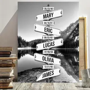 2D Flat, Custom Surname Street Sign Canvas - 1-7 People Personalized Multiple Names Directional Printing, Home Decor for Living Room,Unique Gift for Family Member with Date of Birth, Perfect Birthday Or Wedding Gift fathersday, whimsical,wall art