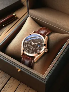Men's Fashion Round Dial Quartz Watch, Business Fashion Watches, Casual Trendy Brown Wristwatch, Watch for Party and Daily Clothing Decor, Trendy Exquisite Fashionable Wristwatch for Gift