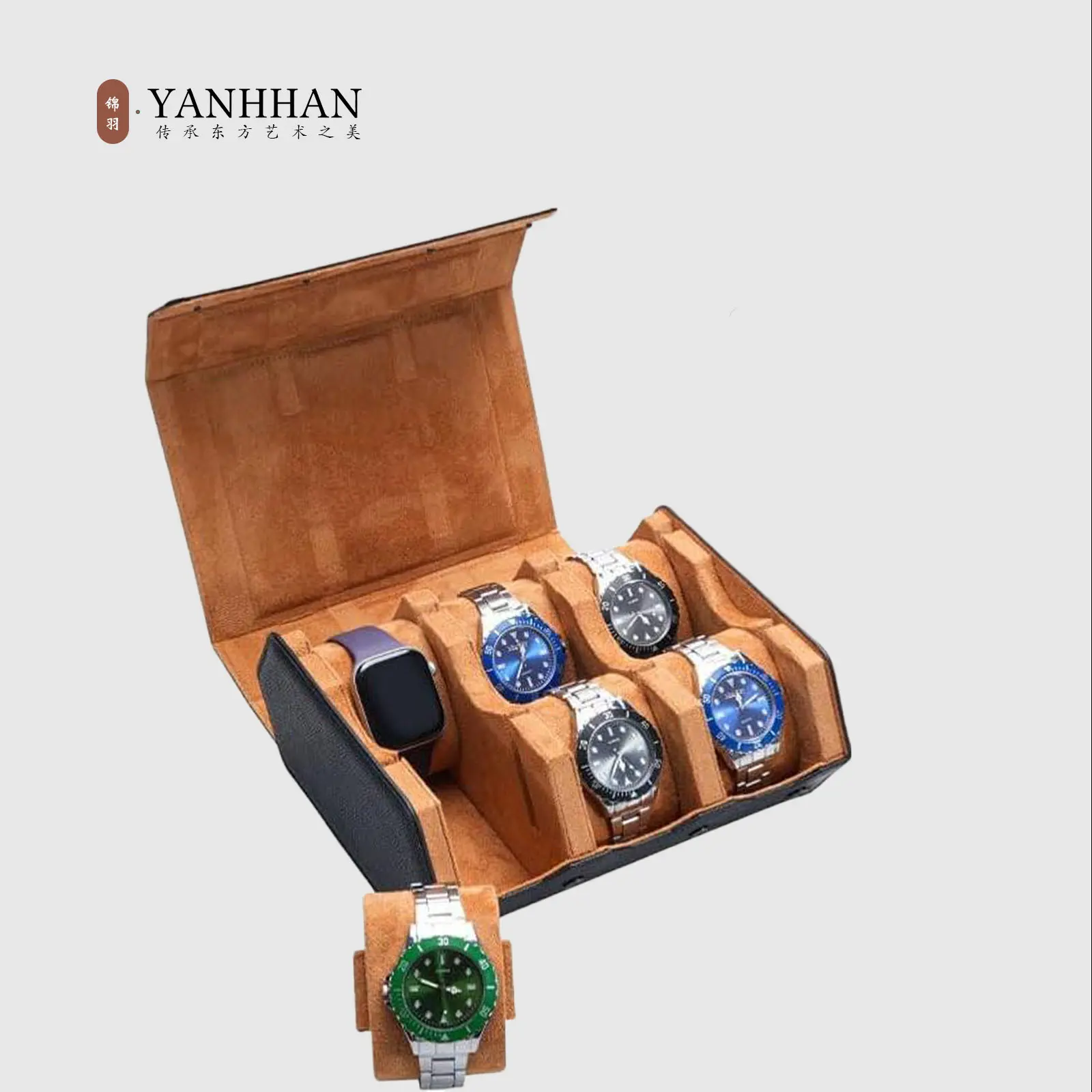 YANHHAN Luxury Watch Roll Case for Men - 6-Watch Travel Storage & Display Organizer, Premium Leather Watch Box (Black/Brown)