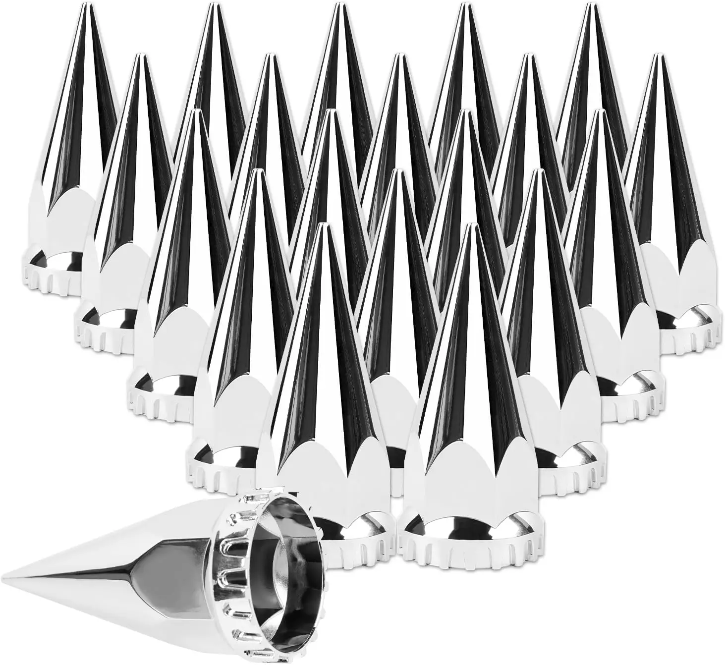 33mm x 4.75in Chromed Spike Lug Nut Covers, ABS Chrome Plastic Hub Wheel Accessories, Perfect Thread-On Caps to Correct Fit, Enhance Semi Truck's Lug Nuts & Create Spike Stand-Out Look
