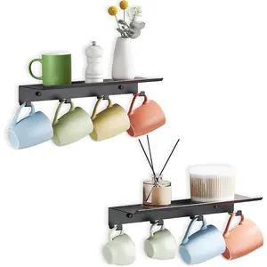 Mug Holder Wall Mounted, Set of 2 Tea Cup Rack, Floating Shelf with 4 Hooks for Coffee Bar Accessories, Kitchen Office Home Storage Decor Display Collection Organizer, Metal Hanging Hanger