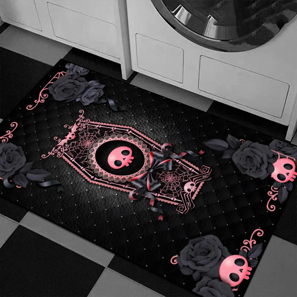Gothic Style Skull & Rose Pattern Carpet, Rectangle Non-slip Floor Mat, Decorative Area Rug for Home Living Room Bedroom, Home Decor, Floral Area Rug, Floral Rugs, Indoor Area Rugs, House Decor Rug