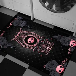 Gothic Style Skull & Rose Pattern Carpet, Rectangle Non-slip Floor Mat, Decorative Area Rug for Home Living Room Bedroom, Home Decor, Floral Area Rug