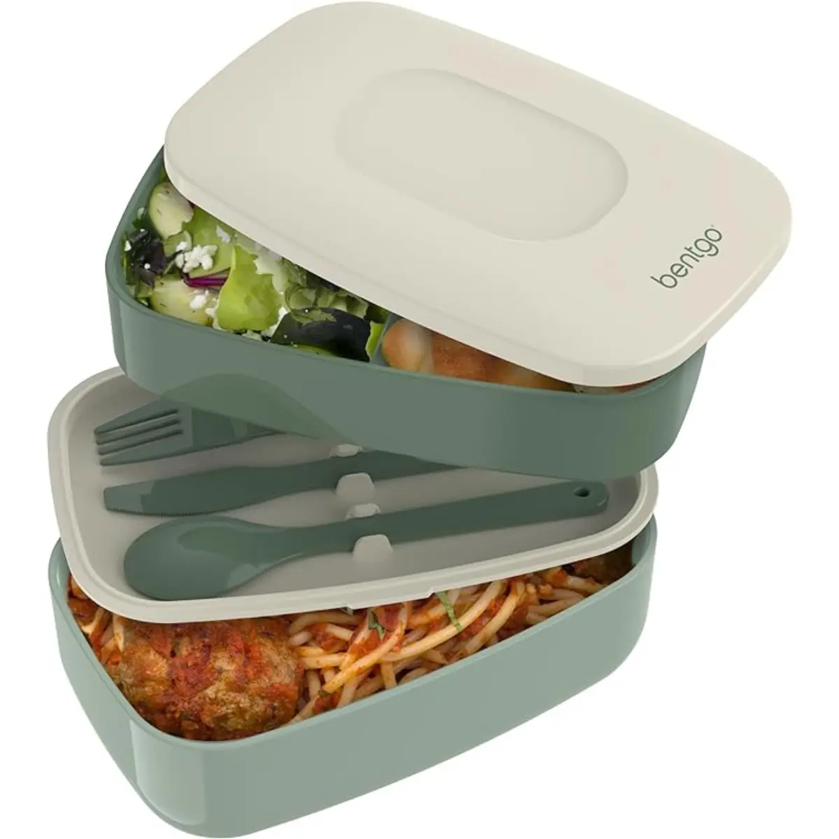 All-in-One Stackable Lunch Box Container with 3 Compartments  (Khaki Green) Tableware