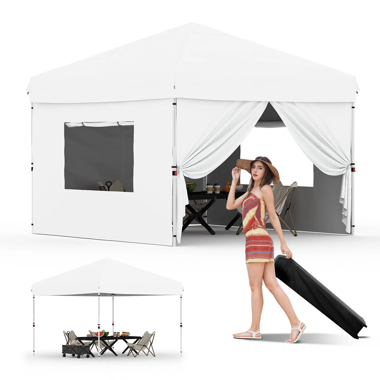 Garvee 10'x10' Instant Pop-Up Canopy Tent with 4 Sidewalls - Waterproof UV-Protected Outdoor Shelter for Camping, Beach & Events - Includes Wheeled Bag & 4 Sandbags （White）