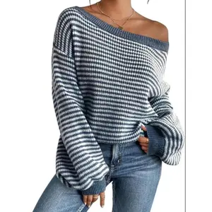 Women's Fall Winter Long Sleeve Striped Sweater, Casual Loose Off-Shoulder Knit Pullover, Ladies Hoodie for Comfortable Wear