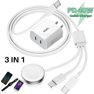 3 IN 1 USB C To Magnetic Watch Charger Cable 40W Fast Charger Block USB Type C Wall Power Adapter For Watch For IPhone For Samsung Charging Port