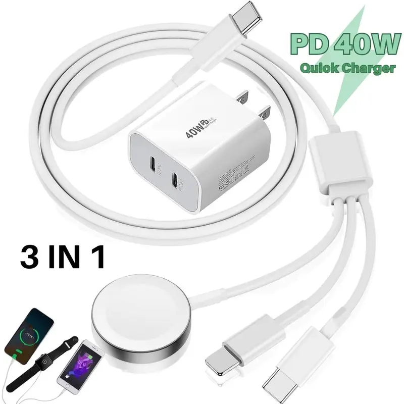3 IN 1 USB C To Magnetic Watch Charger Cable 40W Fast Charger Block USB Type C Wall Power Adapter For Watch For IPhone For Samsung Charging Port