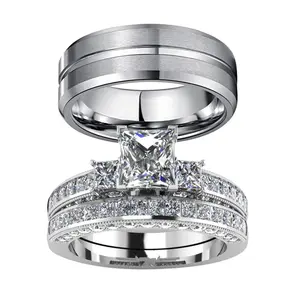 Couple Rings White Gold Plated 925 Sterling Silver Ring Green Square 2CT Zirconia Women Wedding Ring Sets Men Titanium Steel Ring