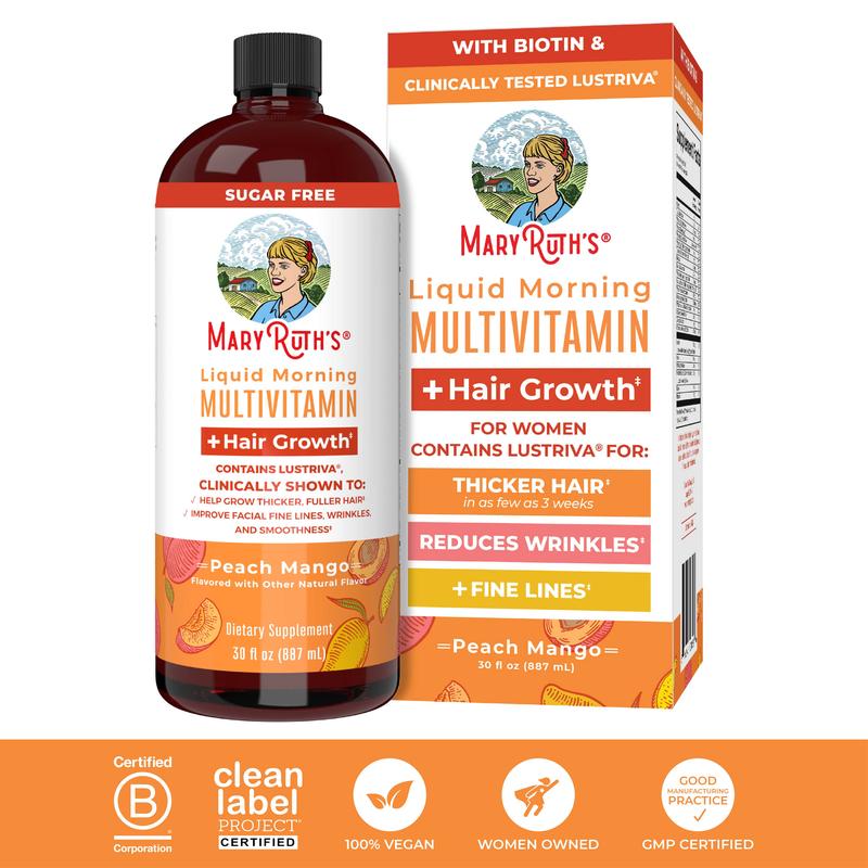 MaryRuth's Liquid Multivitamin + Hair Growth - Clinically Tested Lustriva for Thicker Hair in Women - Improve Facial Wrinkles - Vegan - 30 Fl Oz