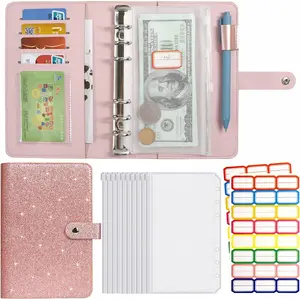 A6 Budget Binder, PU Leather Money Organizer for Cash Bills Coupon, Planner Book Notebook Cover with 12 Zipper Envelopes for Budgeting Expense Saving, with 48 Label Stickers, Glitter Rose