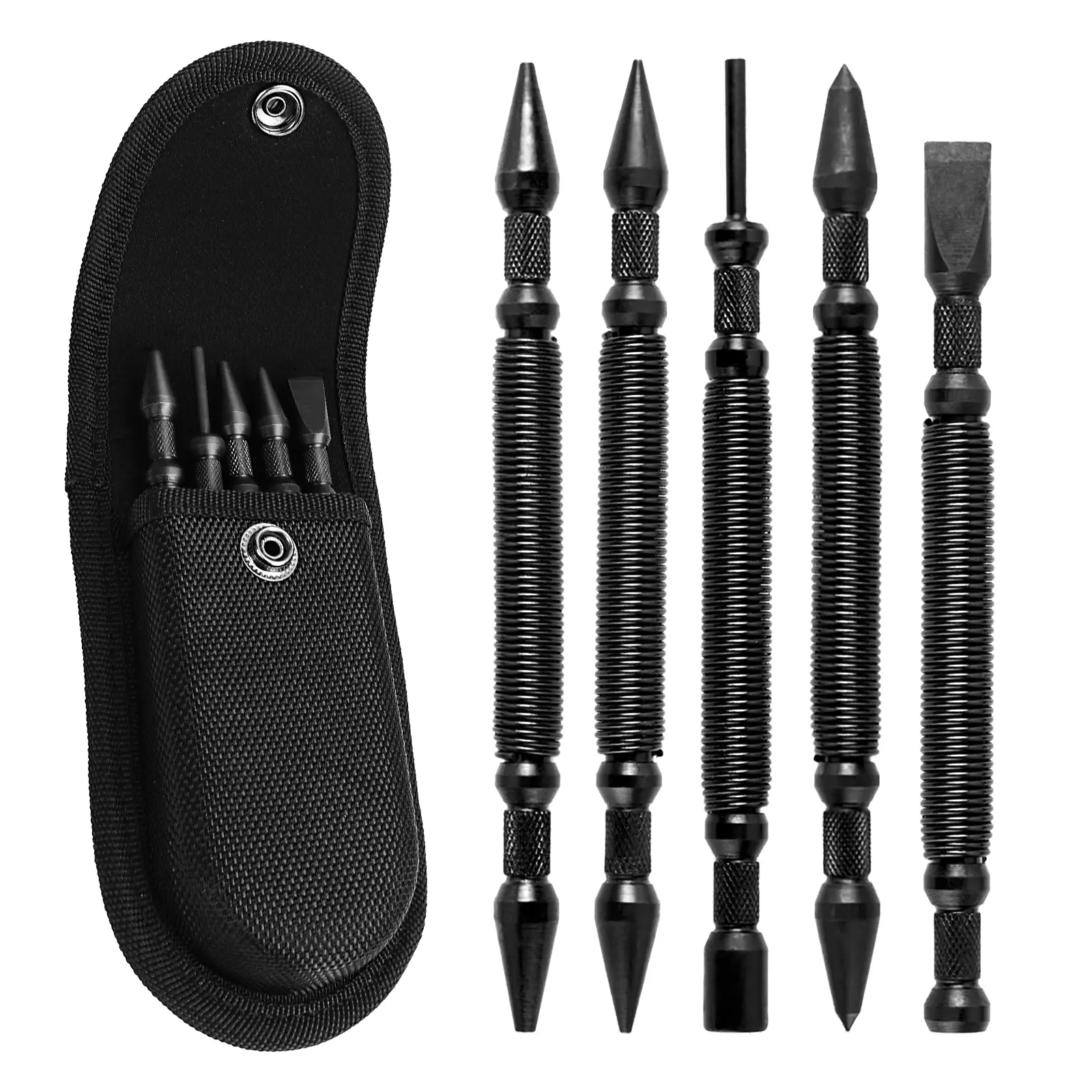 TYRWEEY 5pc Heavy Duty Spring Loaded Nail Setter Hinge Pin Remover Punch Set with Pouch for Woodworking DIY Home Improvement Hand Tools Kit, Dual Head Hammerless Center Punch 1/32" 1/16" 3/32" 1/8" 3/16"