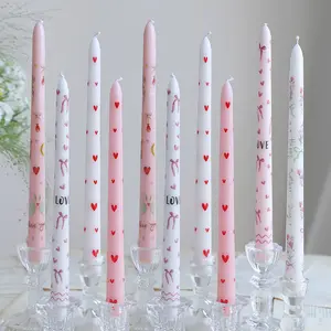 2pcs Heart Print Flower Design Candle, 25cm/9.84in Romantic Candles for Valentine's Day, Mother's Day, Wedding, Party, Home Lighting, Decor, Spring Candles