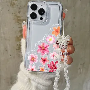 Flower Decal Phone Case with Cursive Text Shockproof Wear-resistant Bow Charm Strap for iPhone11-17promax IPhone11/12/13/14/15/ Promax16/16Promax/16pro/16plus