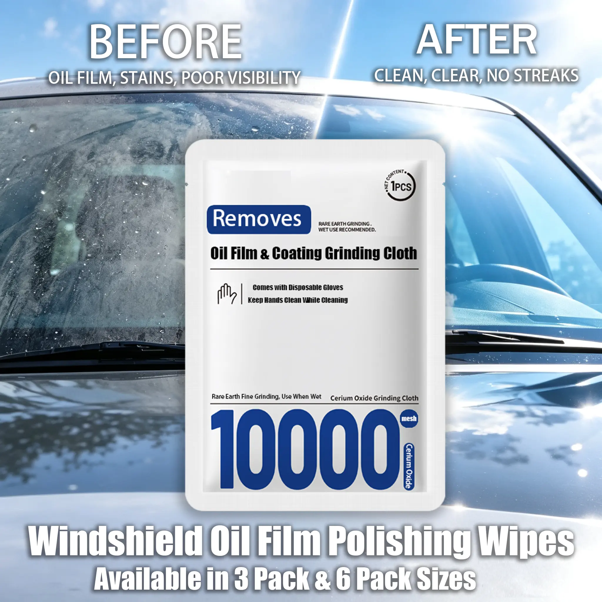 Glass Polishing Cloth Wipes - Automotive Detailing Products, Car Detailing Supplies for Smudges, Grease, Fingerprints, Oil Film Removal, Smudge-Free Finish, Windows/Mirrors, Ultra Portable Pouch Pack