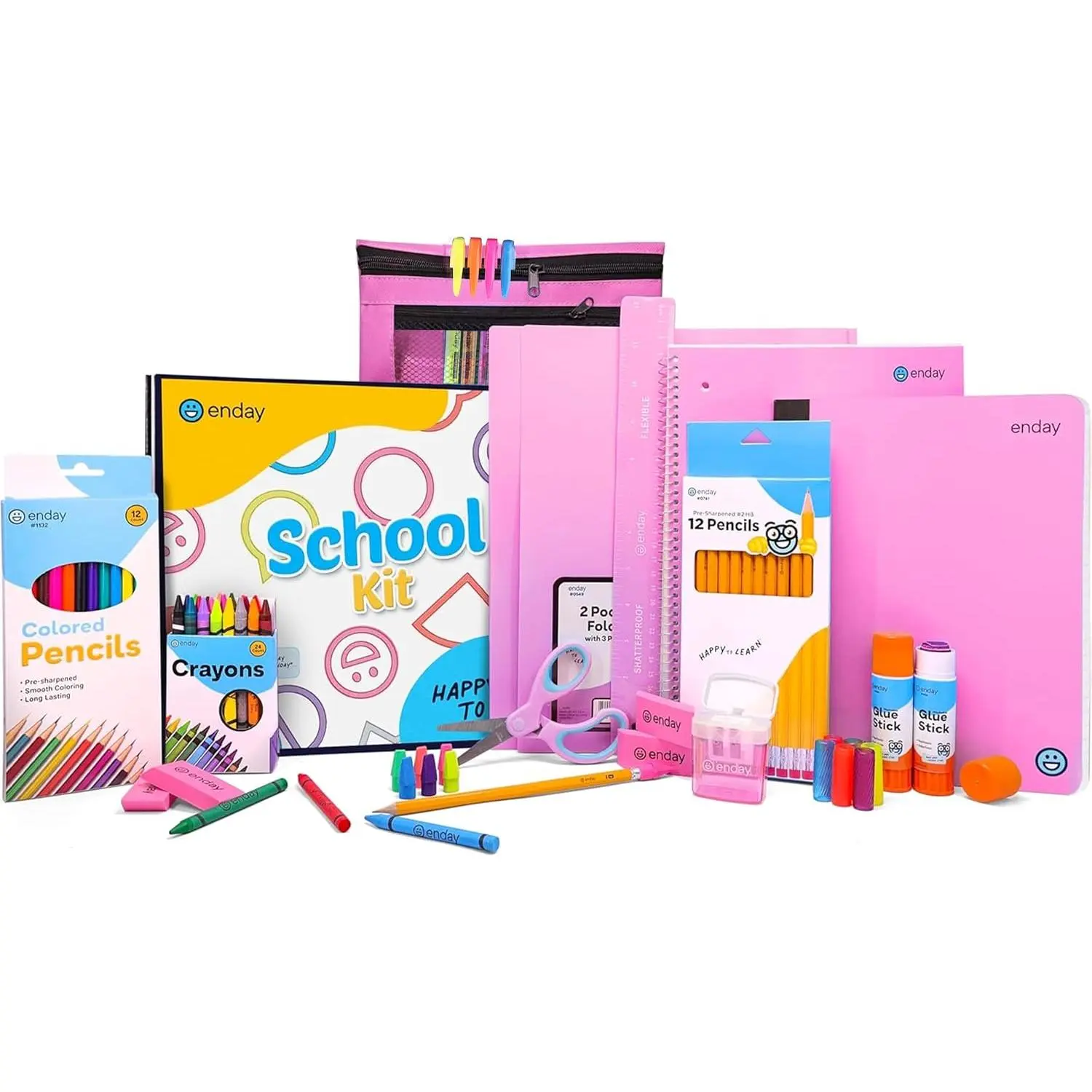 Enday Back to School Supplies for Kids, School Supply Grades K-5| Premium Quality Kids School Supplies Kit, Kindergarten School Supplies, 78 Pcs Set (Pink, 1 Kit)