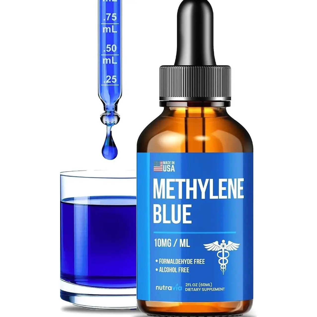 Methylene Blue Drops 1% USP Grade Third Party Lab Tested - USA Made - Formaldehyde Free, Increased Absorption, Blue Methylene Supreme Supplement for Humans, Methane Azul De Metileno Para Humanos (2oz)