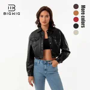 Women's Cropped Faux Leather Jacket, Chic Lapel Casual Button Down PU Moto Bike Coat Outwear with Pockets