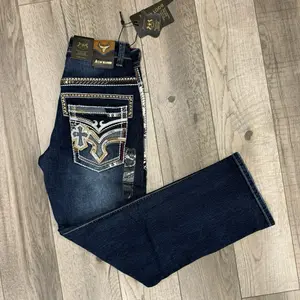 Men's Boot Cut Jeans Denim with Embroidered Pockets and Gold Accents