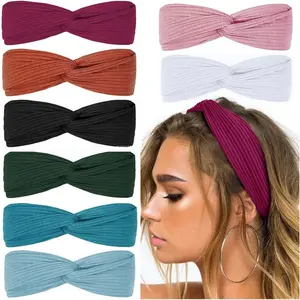 Huachi Headbands for Women Twist Knotted Boho Stretchy Hair Bands for Girls Criss Cross Turban Plain Headwrap Yoga Workout Vintage Hair Accessories, Solid Color, 8Pcs