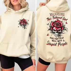 Sassy Attitude Hoodie For Women, Warning This Girl Doesn't Play Well Hoodie, Tattooed Skull & Rose Pullover, Halloween Womenswear, Edgy Fall Shirt, Cozy Graphic Hoodie