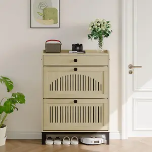 Shoe Cabinet with 2 Flip Drawers, Narrow Wooden Shoe Rack Organizer for Entryway Hallway, Freestanding Storage Cabinet with Adjustable Shelves & Top Drawer