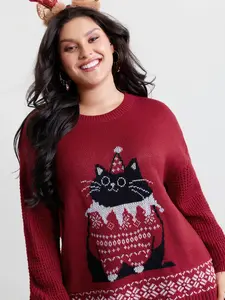 BloomChic Women's Plus Size Lady Clothes Festive Cat Animal Print Pullover - Scarlet Round Neck Micro Lantern Long Sleeves, Loose Fit Flat Fabric Top, M-6X Sizing, 2026 Summer Essential Mother's Day Pick Sweatshirts Garment